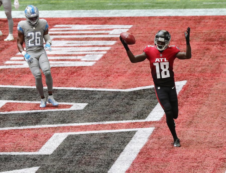 Atlanta Falcons wide receiver Calvin Ridley (18) gets past Detroit Lions safety Duron Harmon for a touchdown during the second quarter on Sunday, Oct. 25, 2020, at Mercedes-Benz Stadium in Atlanta. Photo credit: Curtis Compton/Atlanta Journal-Constitution/TNS