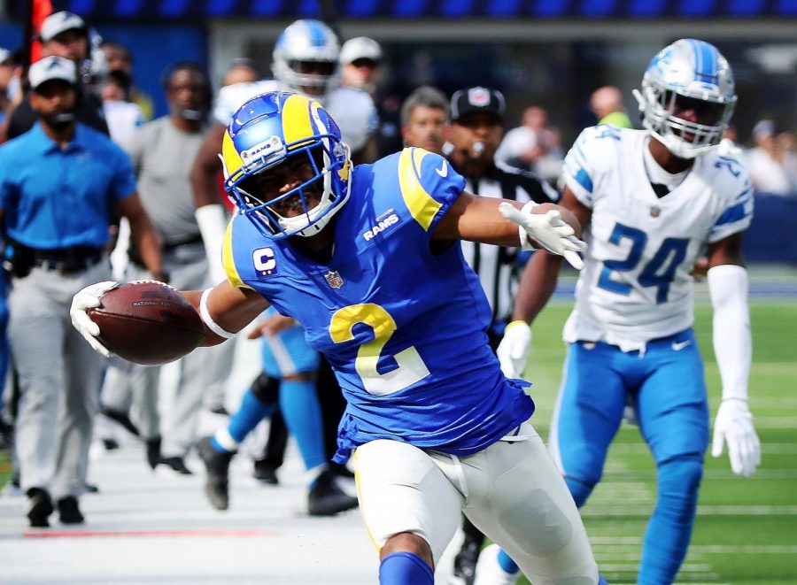 Los Angeles Rams wide receiver Robert Woods (2) runs out of bounds after making a catch against the Detroit Lions at SoFi Stadium in Inglewood, California, on  Oct. 24, 2021. (Luis Sinco/Los Angeles Times/TNS)