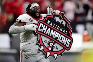 Justin Shaffer (54) of the Georgia Bulldogs reacts after defeating the Alabama Crimson Tide 33-18 during the 2022 CFP National Championship Game at Lucas Oil Stadium on January 10, 2022, in Indianapolis, Indiana. (Emilee Chinn/Getty Images/TNS)