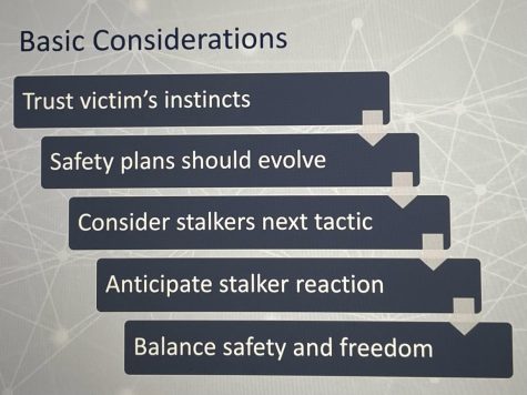The following steps here are listed to take preventions in stalking that a victim is experiencing. This informative slide was shared during the Stalking Must Stop/Speak Out Zoom meeting at Cerritos College on Jan. 18. Human Trafficking and Stalking Awareness Month will continue to have events from Jan. 19 - 20 & Jan. 25 - 27. Photo credit: Fatima Durrani