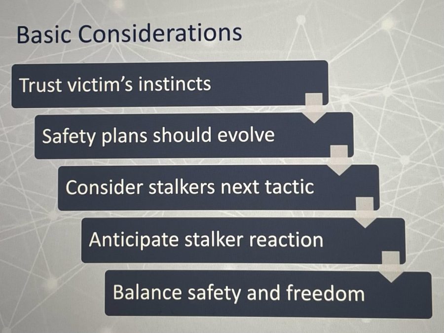 The following steps here are listed to take preventions in stalking that a victim is experiencing. This informative slide was shared during the Stalking Must Stop/Speak Out Zoom meeting at Cerritos College on Jan. 18. Human Trafficking and Stalking Awareness Month will continue to have events from Jan. 19 - 20 & Jan. 25 - 27. 