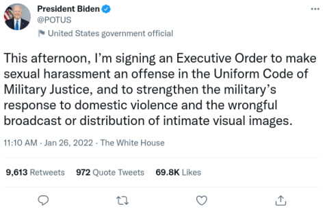 President Joe Biden sent out a tweet informing the public on the new order he signed later that day regarding sexual harassment in the military. Courtesy of: Twitter