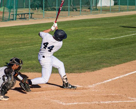 Freshman, third baseman, No. 44, Sawyer Chesley smashes the ball over the fence versus Irvine Valley in the bottom of the sixth inning. Chesley would put the Falcons up 5-1 to start the bottom of the sixth on Thursday, Feb. 3, 2022.