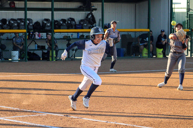 Freshman outfielder, No. 4, Alyssa Capps rounds first and heads for second off a throwing error by the El Camino pitcher. She would score off a sacrifice fly from third base to make it 7-1 against the Warriors on Feb. 10.