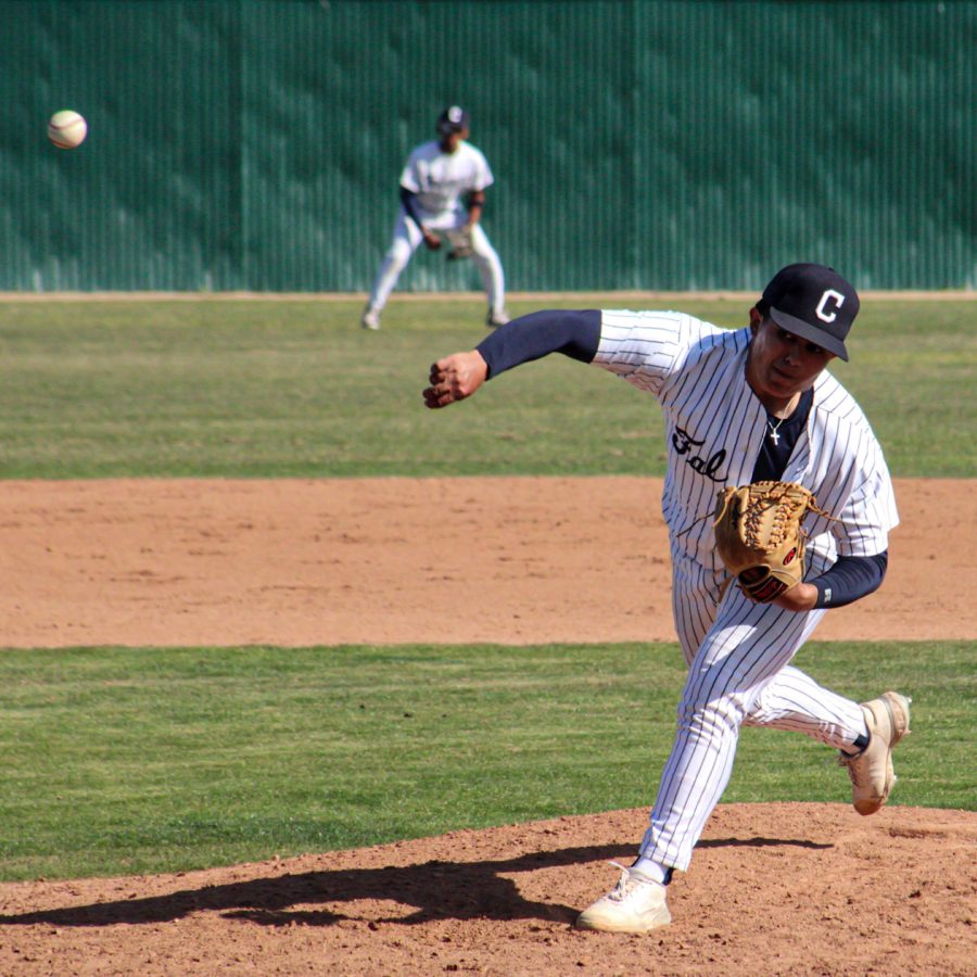 Freshman RHP, No. 9, Jael Leal comes into pitch at the top of the fifth inning for the Falcons. Leal would pitch three-innings allowing only one run against West LA on Feb. 19. Photo credit: Roman Acosta