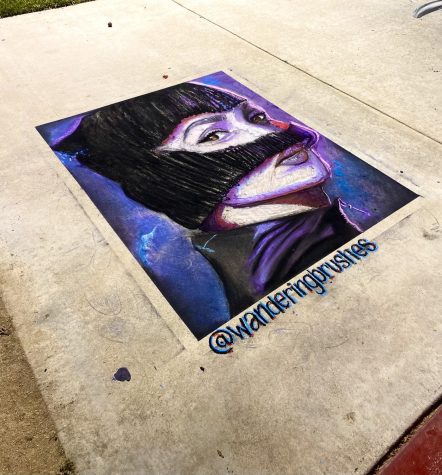 Chalk work of Cat Woman with beautiful bold and vibrant colors.