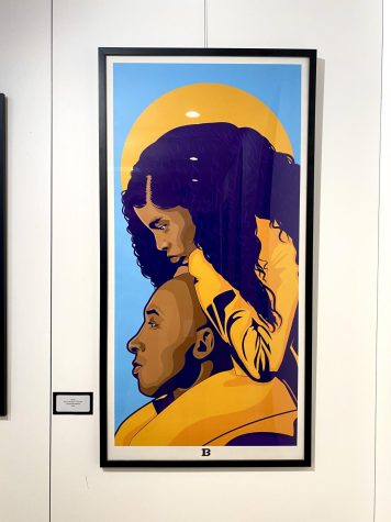 Remembrance painting of Kobe and Gigi Bryant in art festival with bright colors.