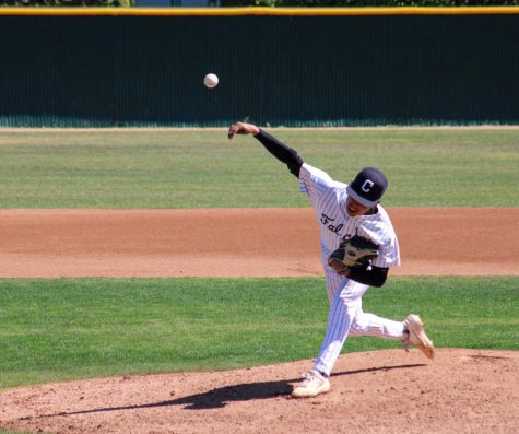 Freshman RHP, No. 12, Justin Almeda in the top of the third inning on the mound pitching for Cerritos against the Tartars at home. Almeda would pitch a no-hitter the first six innings collecting 4 K's on March. 12, 2022.