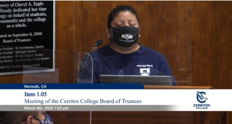 This is a picture of Irlanda Lopez, president of the California School Employees Association, speaking during the March 9th Board of Trustees meeting.