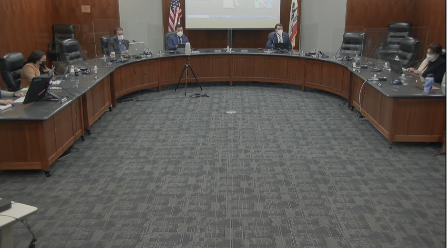 This was a picture of the Board of Trustee floor where you can see some of the Board of Trustee members, Dr. Jose Fierro (president of Cerritos College, who is on the left of the projector) and the moderator of the meeting (who is on the right of the projector). 