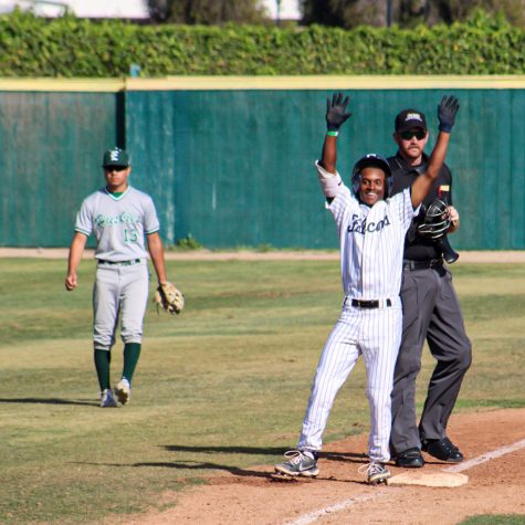 Freshman outfielder, Jean Francois, tripled to right field to start the bottom of the fourth which kickstarted life into the Falcons dugout. He is seen celebrating towards his dugout after sliding safe to third base against East Los Angeles on March. 3.