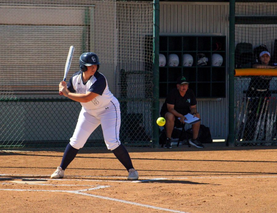 First+baseman%2C+No.5%2C+Richere+Leduc+up+to+bat+as+she+led+off+her+team+in+the+bottom+of+the+first+against+ELAC.+She+would+score+on+a+wild+pitch+to+put+the+Falcons+up+1-0+against+the+Huskies+on+March.+22%2C+2022.+