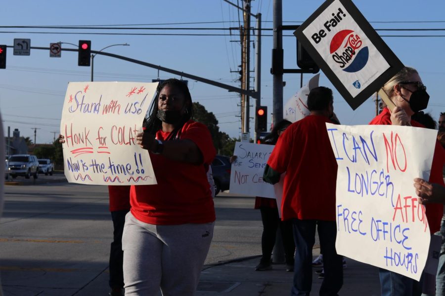 Cerritos College faculty and staff gathered at the intersection of Studebaker Rd and Alondra Blvd on Wednesday evening in protesting the College's Board of Trustees disregard for COLA. 