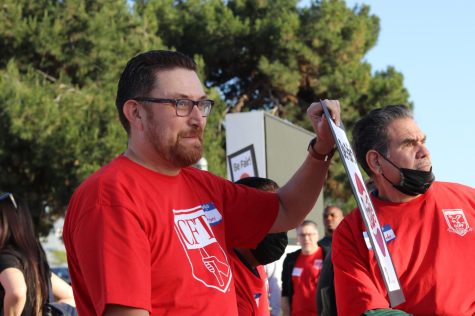 Professor Anthony Gonzalez (right) fighting for COLA for Cerritos College faculty and staff.