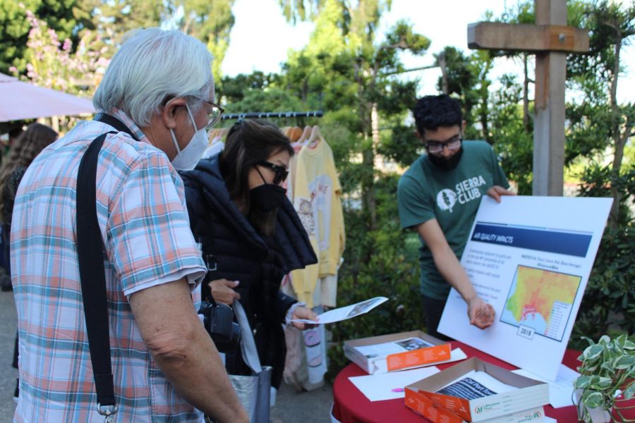 A member of the Sierra Club displaying to event participants the percentage of air pollution in the Long Beach area. 