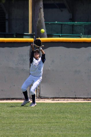 Freshman outfielder, No. 4, Alyssa Capps makes the fly-out catch in center-field against SCC. She would get the second out in the top of the fourth inning for Cerritos and contribute greatly, making five catches in center-field against the Hawks on April. 23, 2022.