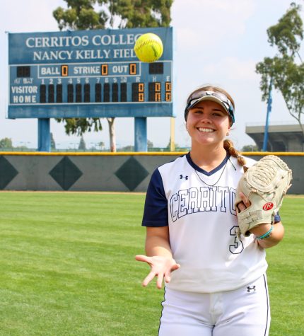 Freshaman third baseman, No. 3, Brooklyn Bedolla strikes a pose in right field at Nancy Kelly Field at Cerritos College on April.1, 2022 