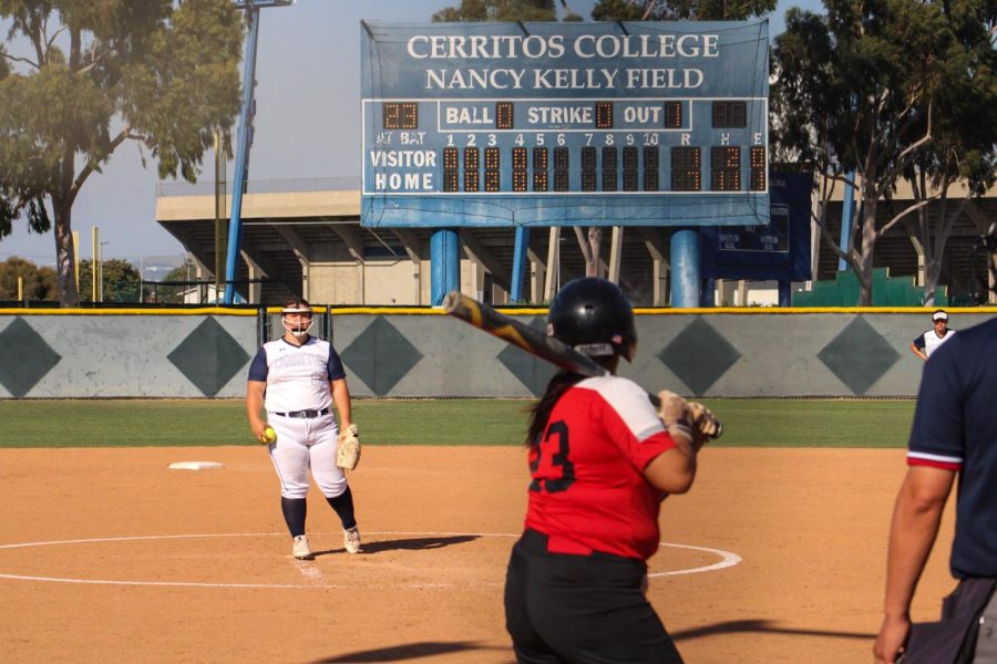 Pitcher, No.17, Courtney Callison pitching for Cerritos relieving Samantha Islas at the top of the sixth inning. Callison would give up a home run at the top of the sixth before retiring the inning against Chaffey on April. 13, 2022. Photo credit: Roman Acosta