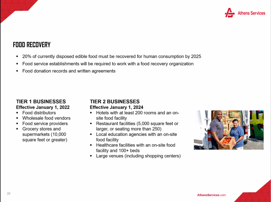A summary of the SB 1383 law showing the two different tiers for large businesses, which refers to the second part of the 1383 law, food recovery. Photo credit: Samuel Chacko