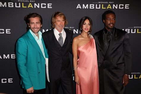 (From L) US actor Jake Gyllenhaal, US filmmaker Michael Bay, Mexican actress Eiza Gonzalez and US actor Yahya Abdul-Mateen II pose during a photocall for the premiere of the film Ambulance in Paris on April 20, 2022. (Photo by Thomas SAMSON / AFP) (Photo by THOMAS SAMSON/AFP via Getty Images)