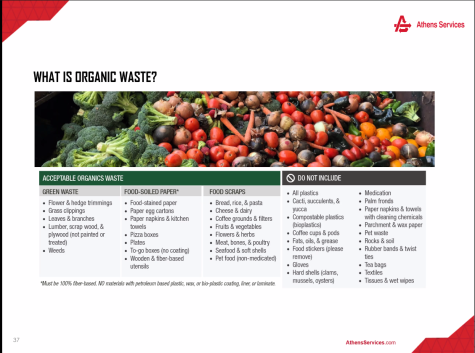 This image was taken from the presentation regarding the SB 1383 law which explains what is organic waste and what isn't organic waste. Acceptable organic waste needs to go in the green barrel and non-accepted goes in the black barrel.