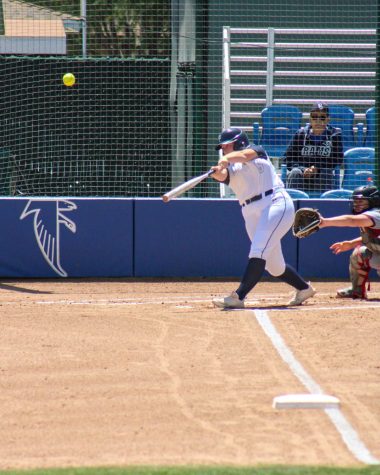 Freshman first baseman/pitcher, No. 5, Richere Leduc leads off the bottom of the first with a solo home run. She would score the Falcons first run of the ballgame against Pasadena City College on April. 22, 2022. 