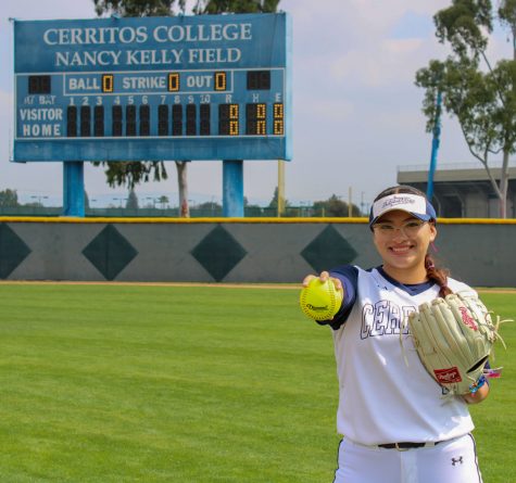 Freshman pitcher, No. 7, Samantha Islas poses for the camera at Nancy Kelly Field at Cerritos College on April. 1, 2022