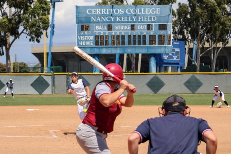Freshman pitcher, No. 7, Samantha Islas pitching against the Lancers in the top of the sixth inning. She retires the inning out in order for the side and earns her third save of the season against Pasadena City College on April. 22, 2022.