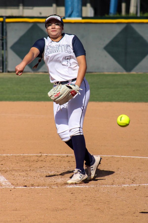 Pitcher, No. 7, Samantha Islas throws a K to retire the side in the order at the top of the third inning for the Falcons against the Panthers. She would go on to pitch five total innings on April. 13, 2022. Photo credit: Roman Acosta