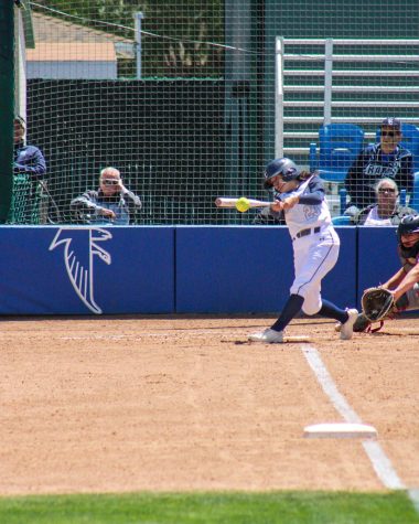 Freshman Catcher, No. 23, Vicky Najera smacks the ball for a line drive to center field in the bottom of the third. She would be the Falcons' first out of the third inning against Pasadena City College on April. 22, 2022.