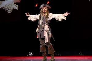 ANAHEIM, CA - AUGUST 15:  Actor Johnny Depp,  dressed as Captain Jack Sparrow, of PIRATES OF THE CARIBBEAN: DEAD MEN TELL NO TALES took part today in Worlds, Galaxies, and Universes: Live Action at The Walt Disney Studios presentation at Disneys D23 EXPO 2015 in Anaheim, Calif.  (Photo by Jesse Grant/Getty Images for Disney)