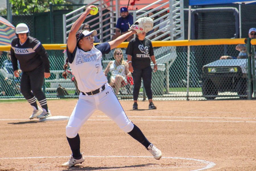 Samantha Islas starts in the circle against the LA Mission Eagles in game two. She strikes out three batters in the top of the first to retire the inning shutting out the Eagles as they leave two left on base on May. 7, 2022. Photo credit: Roman Acosta
