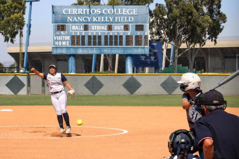 Samantha Islas throws a strike in the top of the third inning against LA Mission. Falcons up 5-0, surrender two runs in the top of the third as the Eagles make it a 5-2 ballgame against Cerritos in game one of the first round of the playoffs on May. 6, 2022.