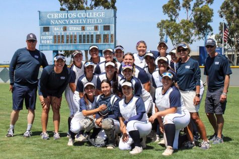 Falcons celebrate their 8-1 win as they advance to the Super Regional. They pose for a team photo after sweeping LA Mission in the first round on May. 7, 2022.