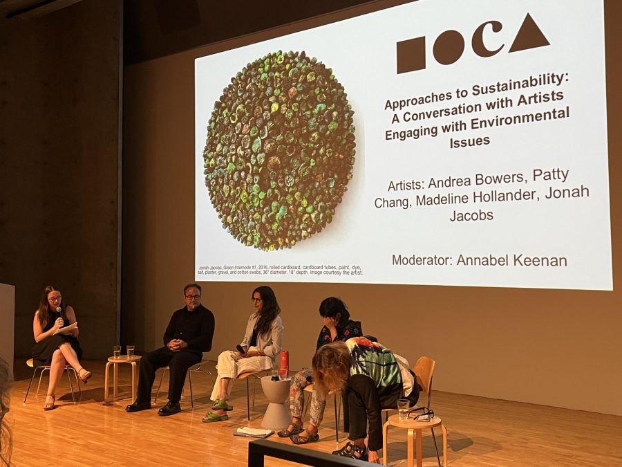 Annabel Keenan, Jonah Jacobs, Madeline Hollander, Patty Change and Andrea bowers all sit to discuss approaches to sustainability at the MOCAS panel on Aug. 25. 