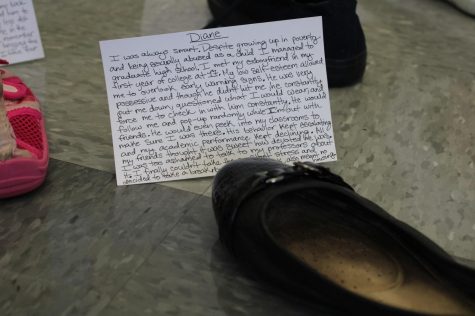 Diane, a Domestic Violence survivor, shares her story for the Walk A Mile in My Shoes art installation. 