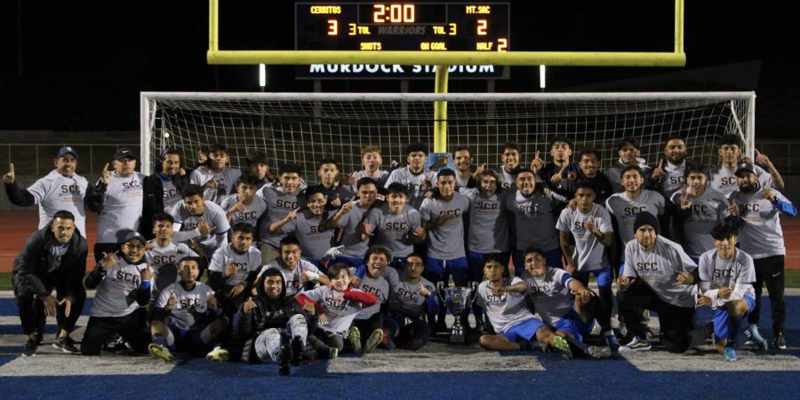 The Falcons all pose for a funny photo as they celebrate their 3-1 victory versus Mt. San Antonio to win the SCC championship. Photo credit: Samuel Chacko