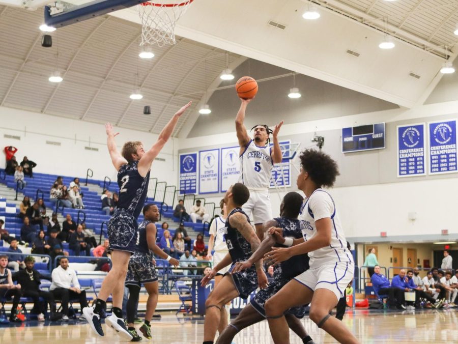 Jalen Shores  (No. 5), Sophomore, shoots a floater during the Feb. 17 game against El Camino.