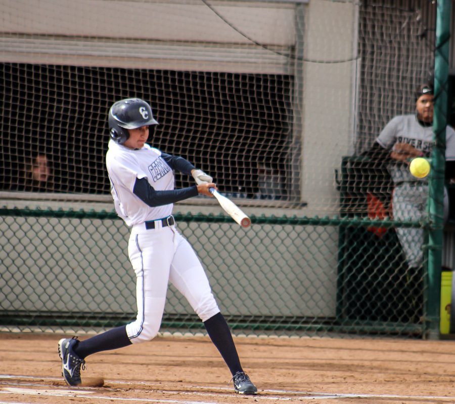 Freshman outfielder, No.27 Jazmine Macias hits the ball deep to left center for a double in the bottom of the first versus Riverside. She tallied an RBI as Sotelo scores the first run of the game for Cerritos on Friday, Feb. 17, 2023 at Nancy Kelly Field.