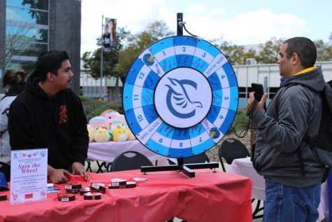Cerritos student spinning the wheel to try and win a squishmallow at the Share The Love event. 