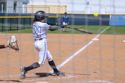 Alyssa Sotelo smashes the ball deep left field for a solo home run in the bottom of the third against PCC. She scored her first home run of the season and the only run scored against the Lancers at Nancy Kelly Field on Mar. 27, 2023. 