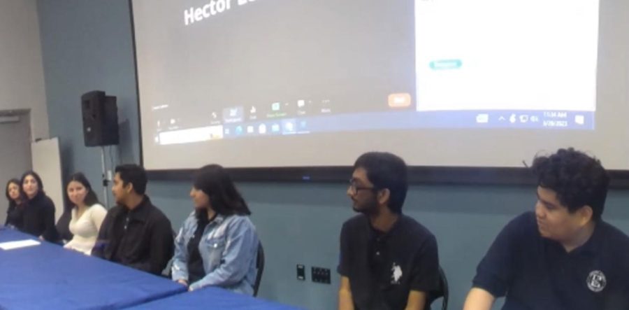 Candidates L to R: Nimsi Murillo, Selma Dweik, Saige Frausto, Jorge Diaz and Christabelle Garcia at the ASCC Forum on Mar. 28 meeting 