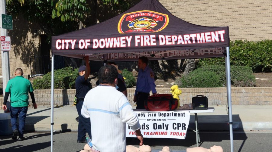 The Downey Fire Department booth offered free life saving CPR lessons to visitors, March 18. 