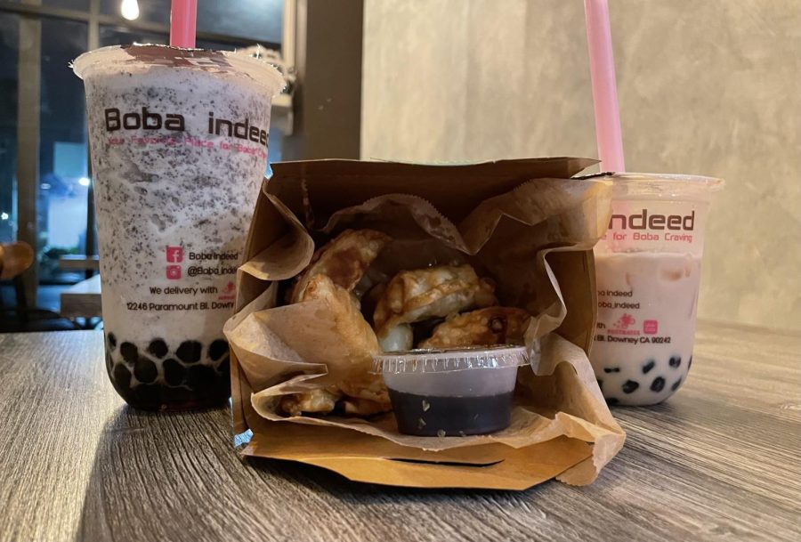Order of a two boba drinks and a side of chicken dumplings from Boba Indeed. 