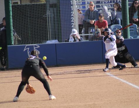 Heres Alyssa Capps, Outfielder, hitting a base hit during the Mt. San Antonio game.