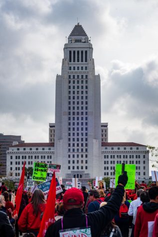 LAUSD teachers going on strike for higher wages in front of LA city hall. 
