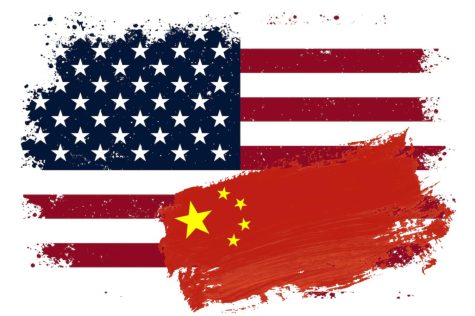 The deteriorated American flag is painted red with a Chinese flag, illustrated. 