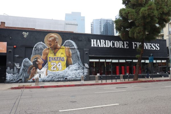 Popular Kobe and Gianna Bryant mural painted outside of Hardcore Fitness gym before its possibly removed Photo credit: Emily Maciel