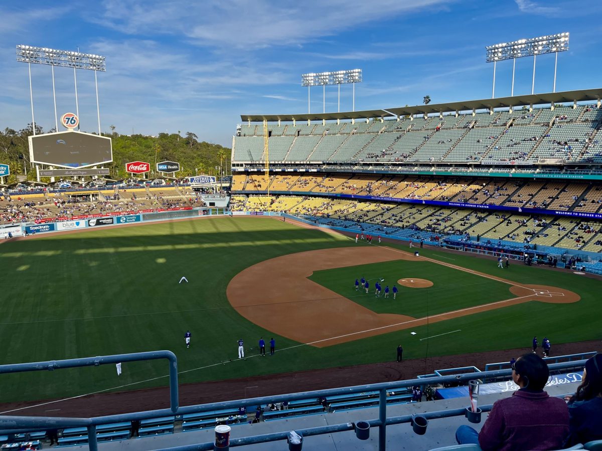 Dodger Stadium being prepped for a game that is about to start on March 26. 