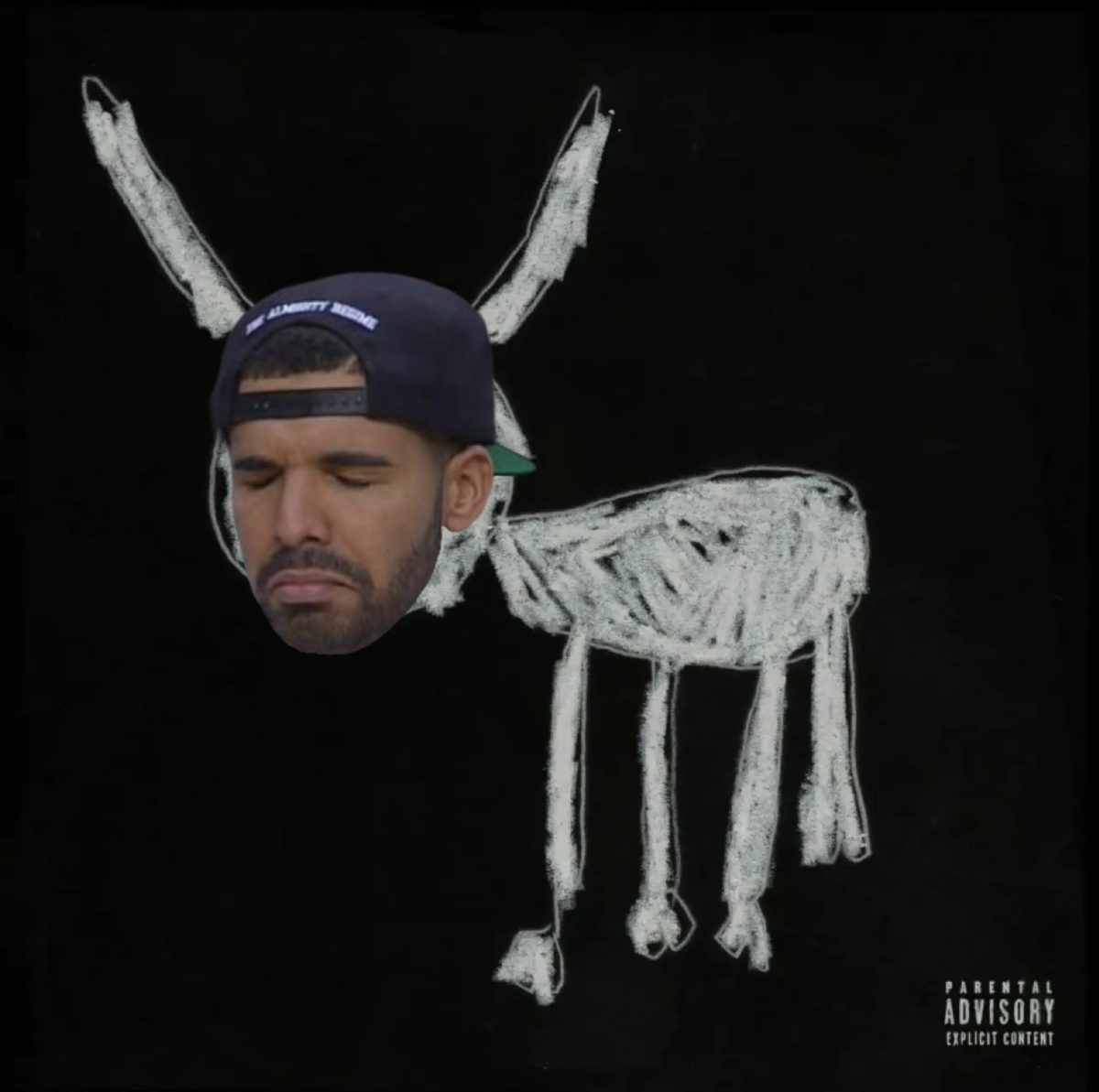 Illustration of a sad Drake over the face of what is supposed to be a dog on Drakes “For All The Dogs” album cover. 